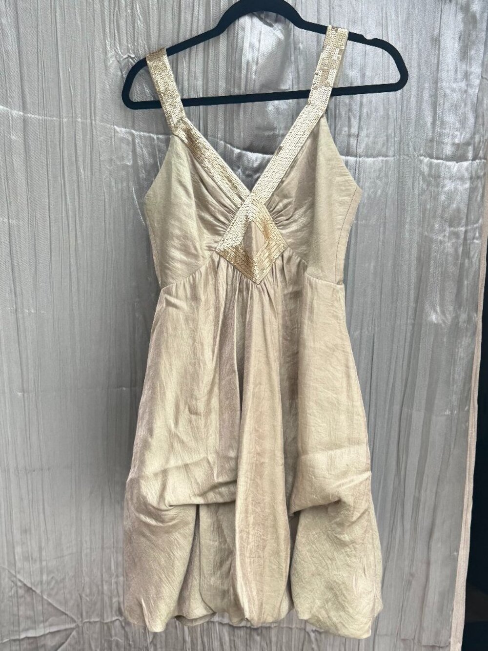 BCBG gold dress with balloon tiered bottom and sequin details
